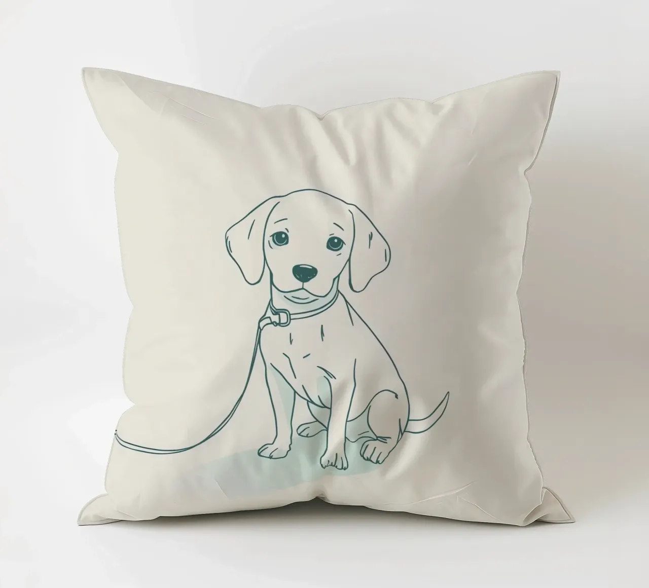 Un piccolo cucciolo aspetta al guinzaglio, seduto, con l'aria un po' triste cuscino da DesignDoodle