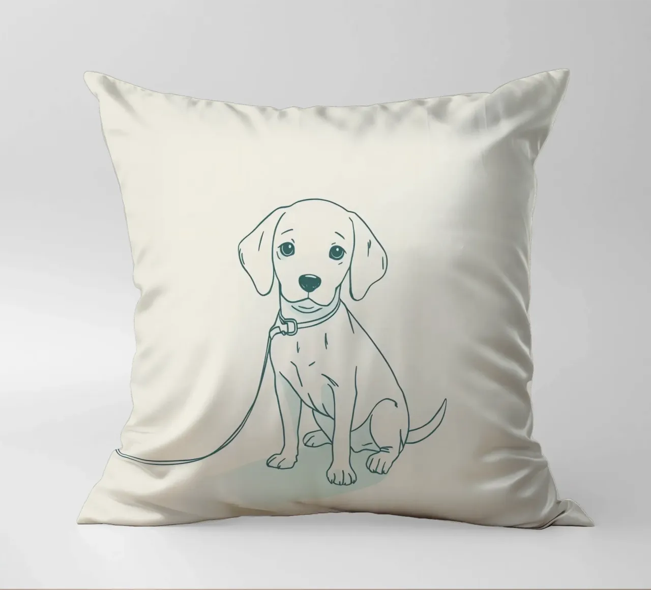 Un piccolo cucciolo aspetta al guinzaglio, seduto, con l'aria un po' triste cuscino da DesignDoodle