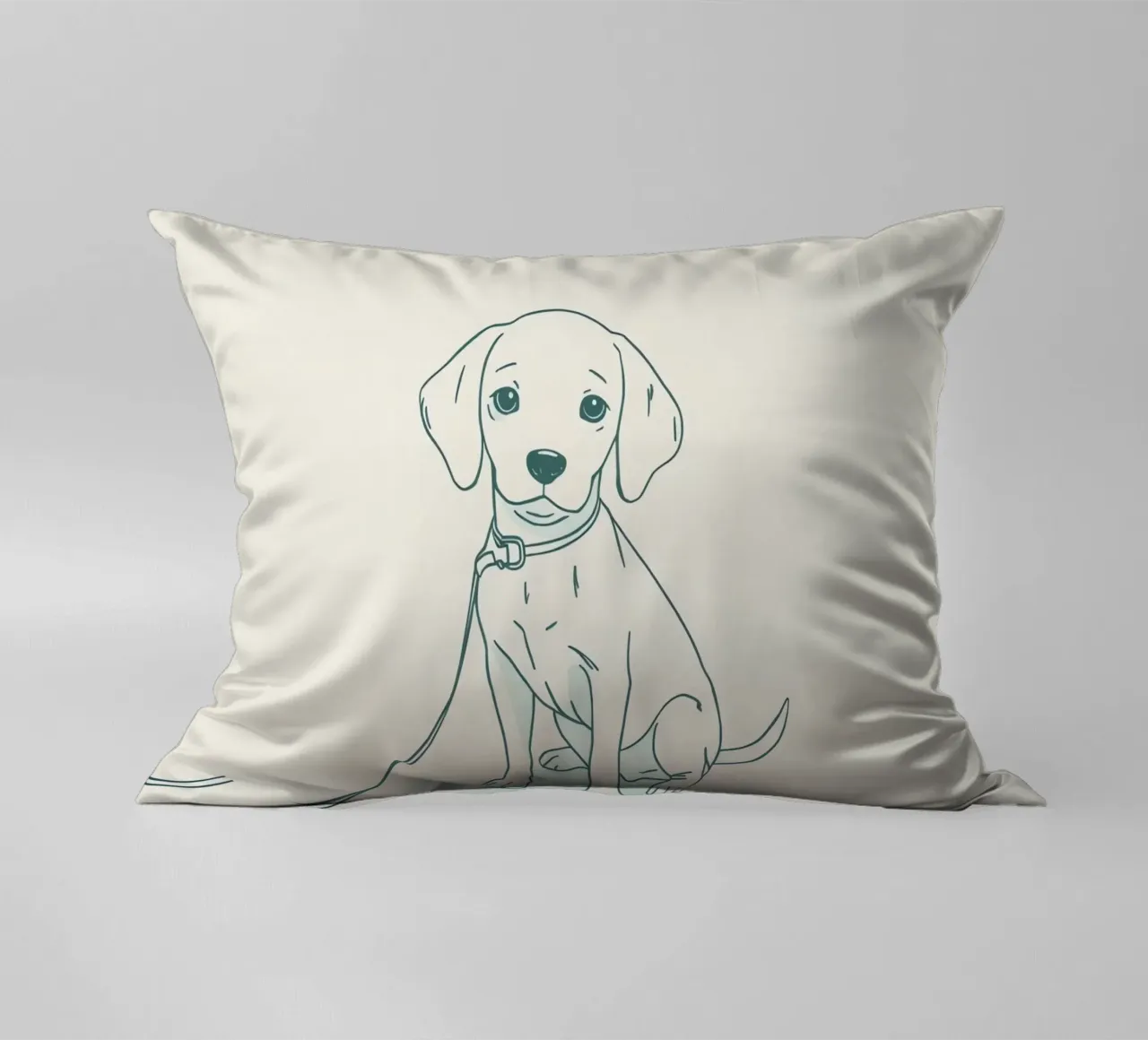 Un piccolo cucciolo aspetta al guinzaglio, seduto, con l'aria un po' triste cuscino da DesignDoodle