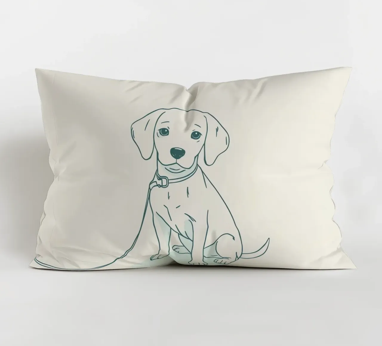 Un piccolo cucciolo aspetta al guinzaglio, seduto, con l'aria un po' triste cuscino da DesignDoodle