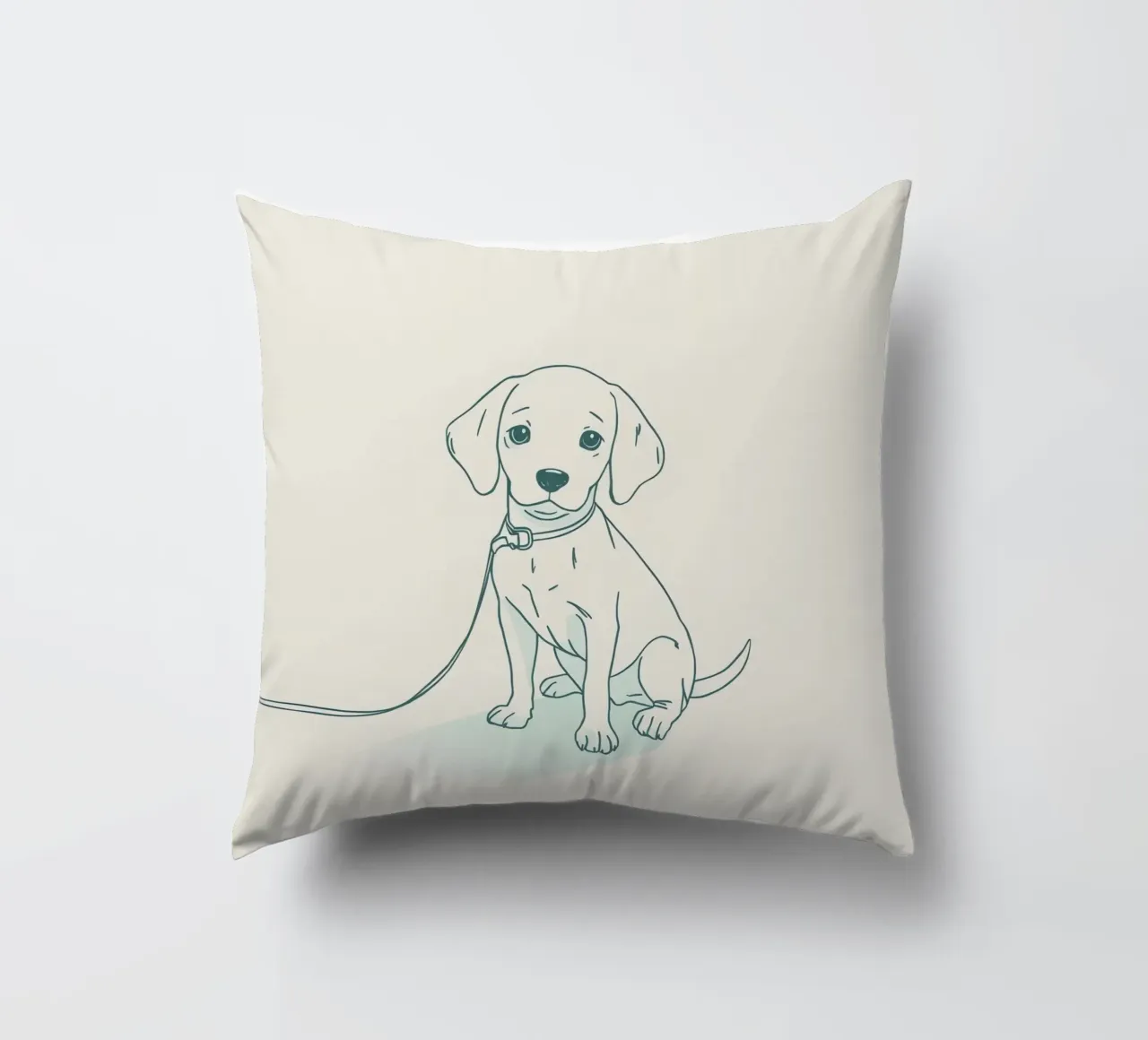 Un piccolo cucciolo aspetta al guinzaglio, seduto, con l'aria un po' triste cuscino da DesignDoodle