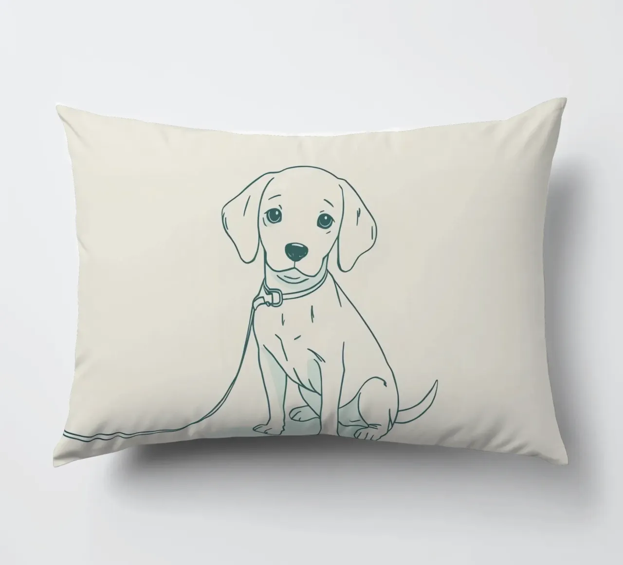 Un piccolo cucciolo aspetta al guinzaglio, seduto, con l'aria un po' triste cuscino da DesignDoodle