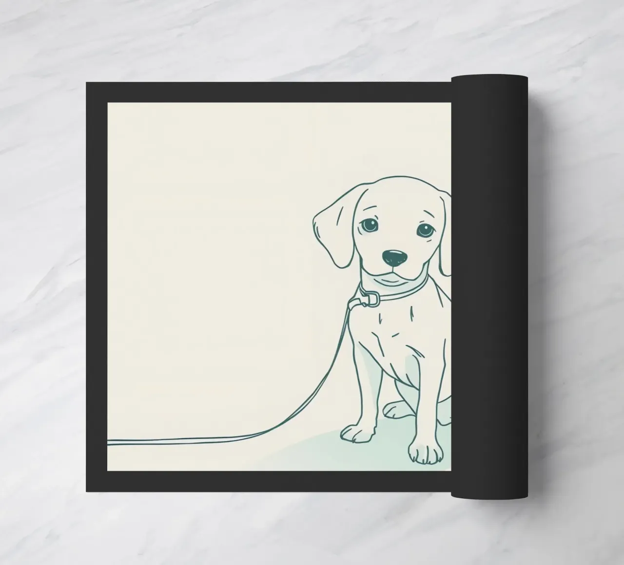 Un piccolo cucciolo aspetta al guinzaglio, seduto, con l'aria un po' triste zerbino da DesignDoodle