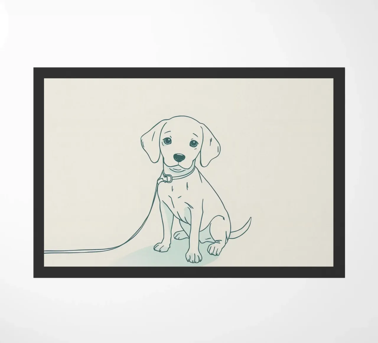 Un piccolo cucciolo aspetta al guinzaglio, seduto, con l'aria un po' triste zerbino da DesignDoodle