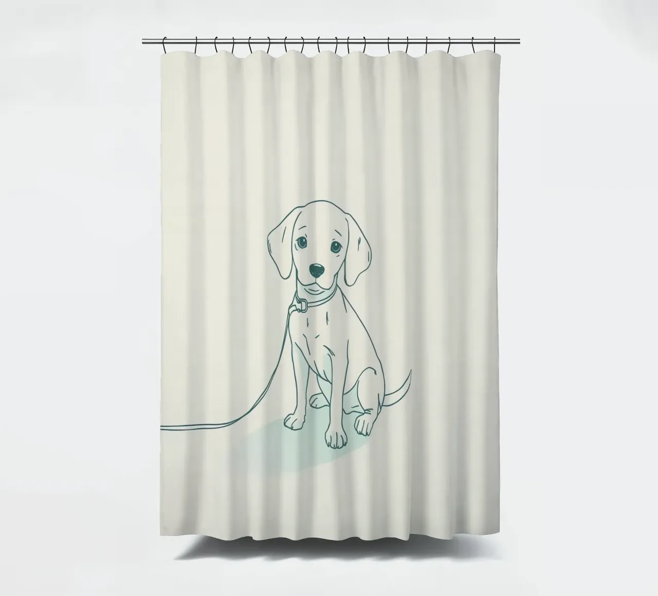 Un piccolo cucciolo aspetta al guinzaglio, seduto, con l'aria un po' triste tenda da doccia da DesignDoodle