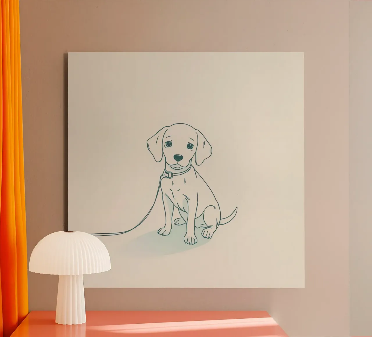 Un piccolo cucciolo aspetta al guinzaglio, seduto, con l'aria un po' triste alluminio dibond da DesignDoodle