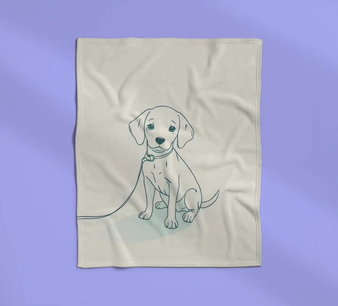 Un piccolo cucciolo aspetta al guinzaglio, seduto, con l'aria un po' triste coperta in pile da DesignDoodle