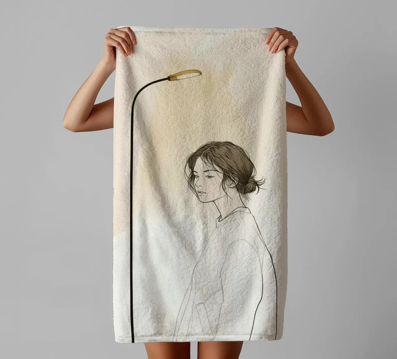Giovane donna in piedi accanto a un alto lampione asciugamano da bagno da DesignDoodle