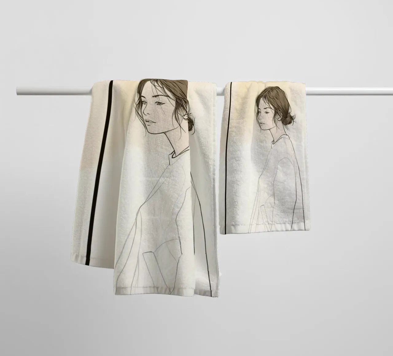 Giovane donna in piedi accanto a un alto lampione asciugamano da bagno da DesignDoodle