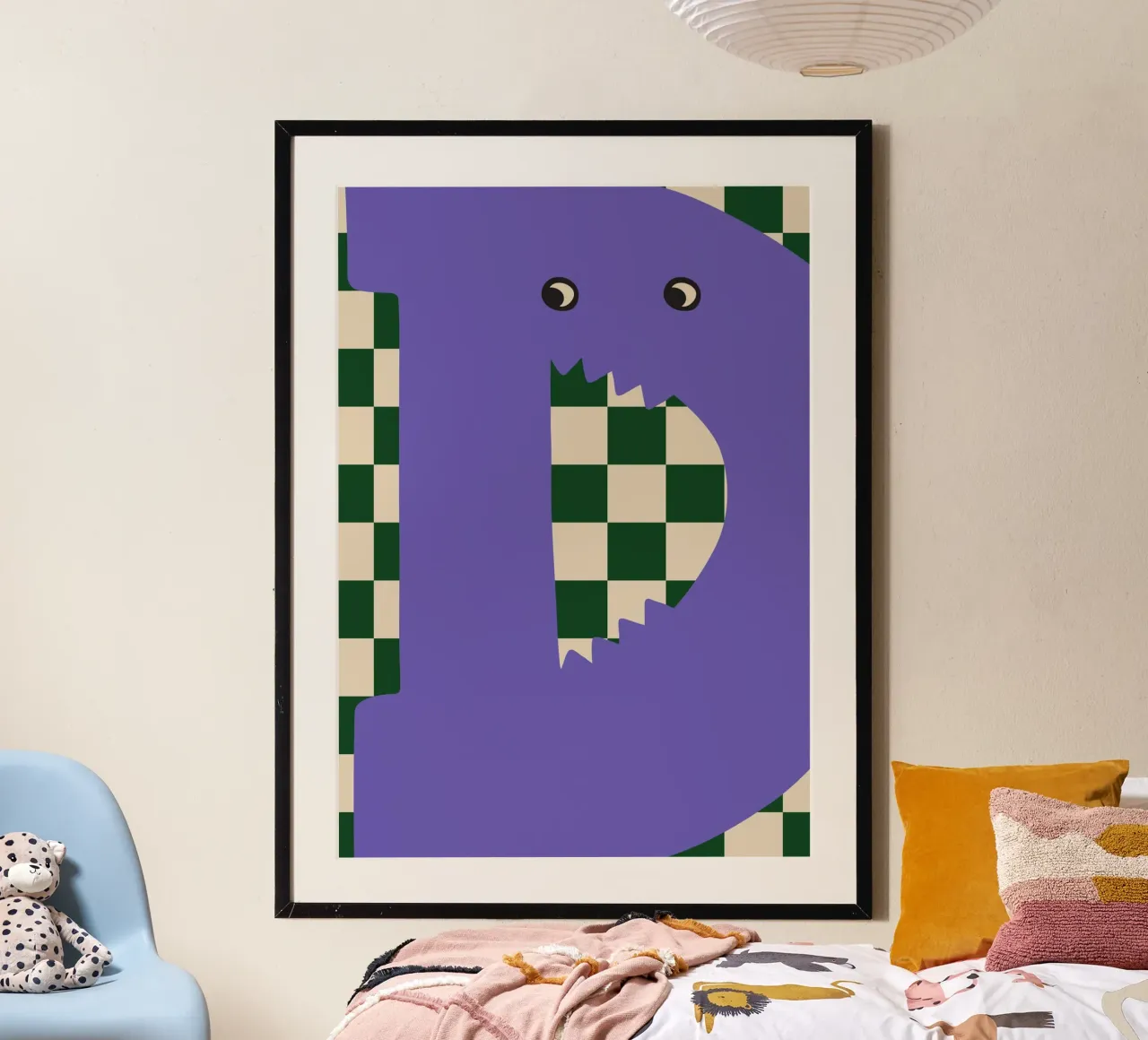 Fun Monster Letter D With Checkerboard poster with aluminum frame by ALLÉE DE PAPIER