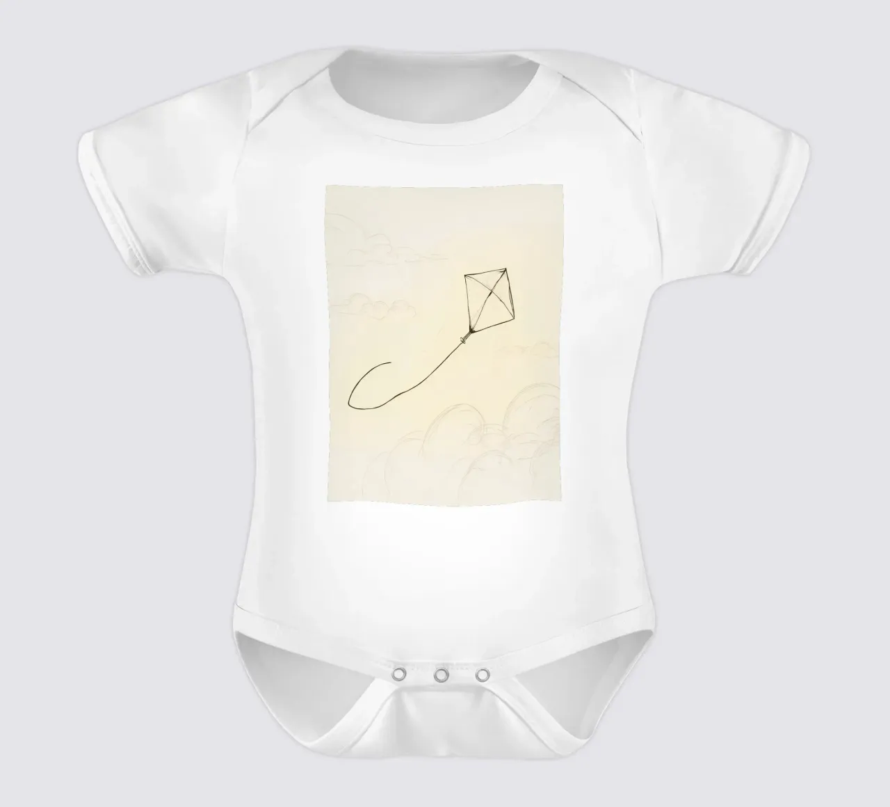 Kite soars high above the ground with sketched clouds short-sleeve baby romper by DesignDoodle