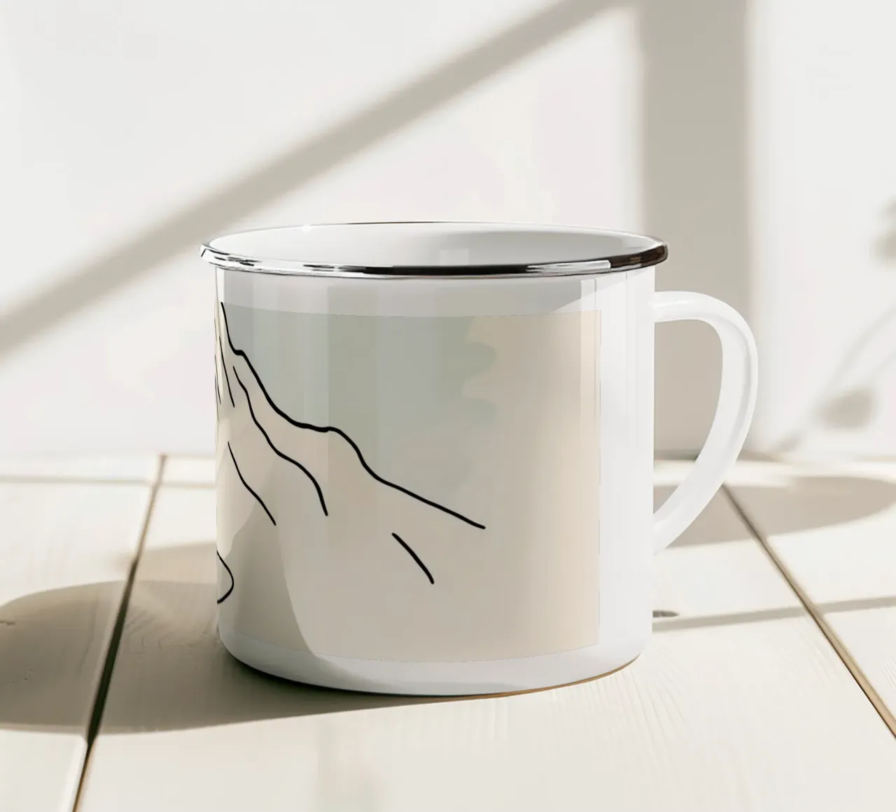 Mountain peak outline with winding trail under soft sky enamel mug by DesignDoodle