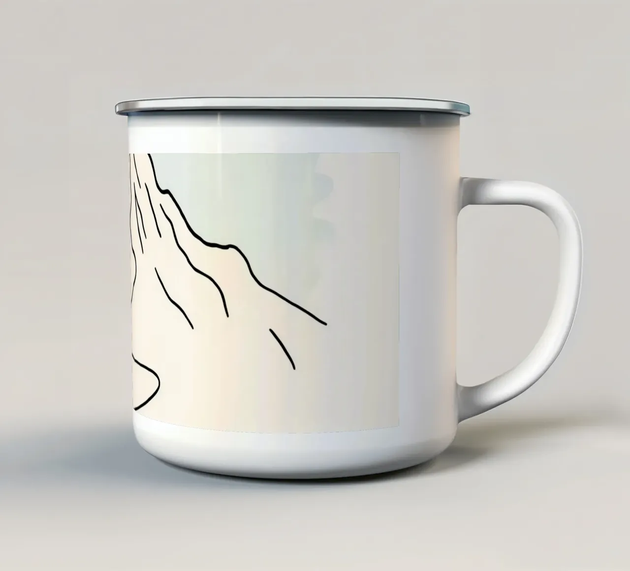 Mountain peak outline with winding trail under soft sky enamel mug by DesignDoodle