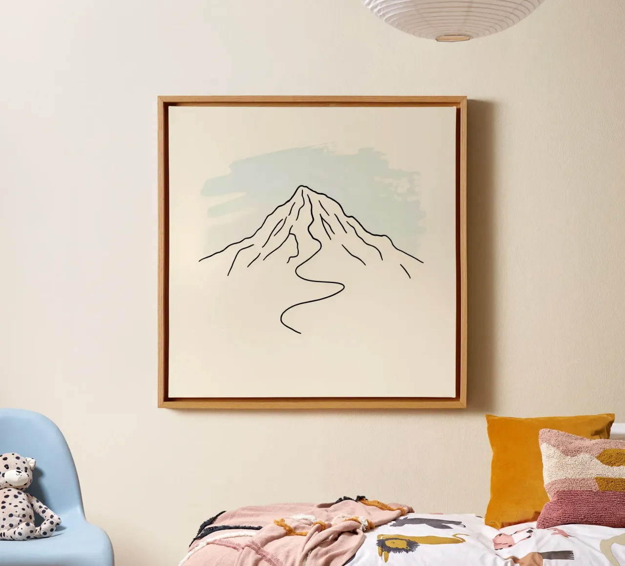 Mountain peak outline with winding trail under soft sky canvas with Floater frame by DesignDoodle