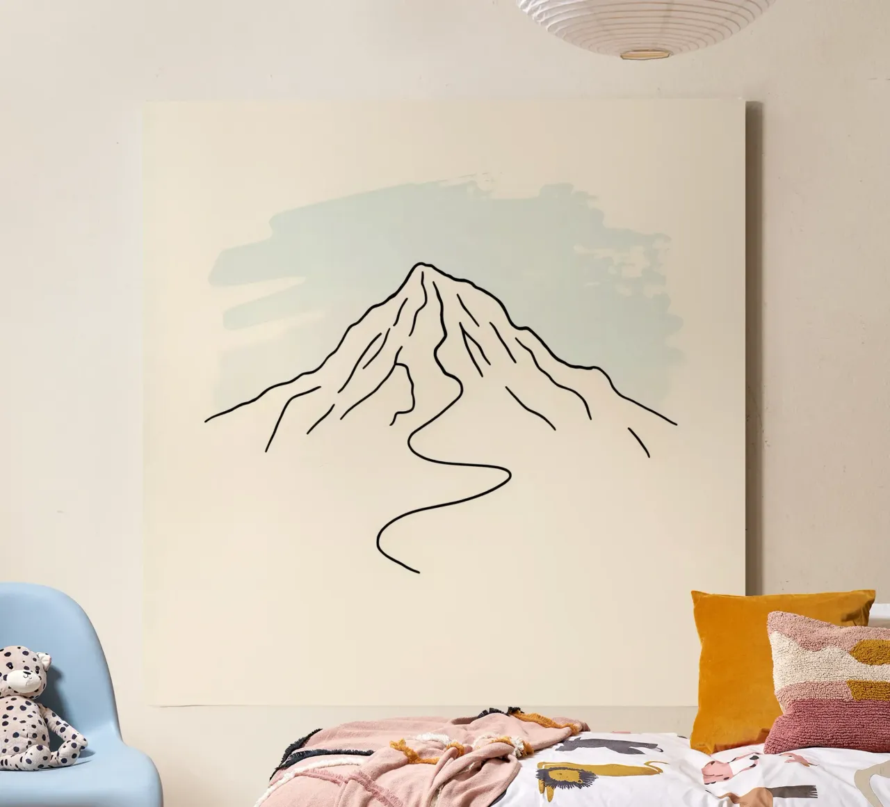 Mountain peak outline with winding trail under soft sky canvas with Floater frame by DesignDoodle