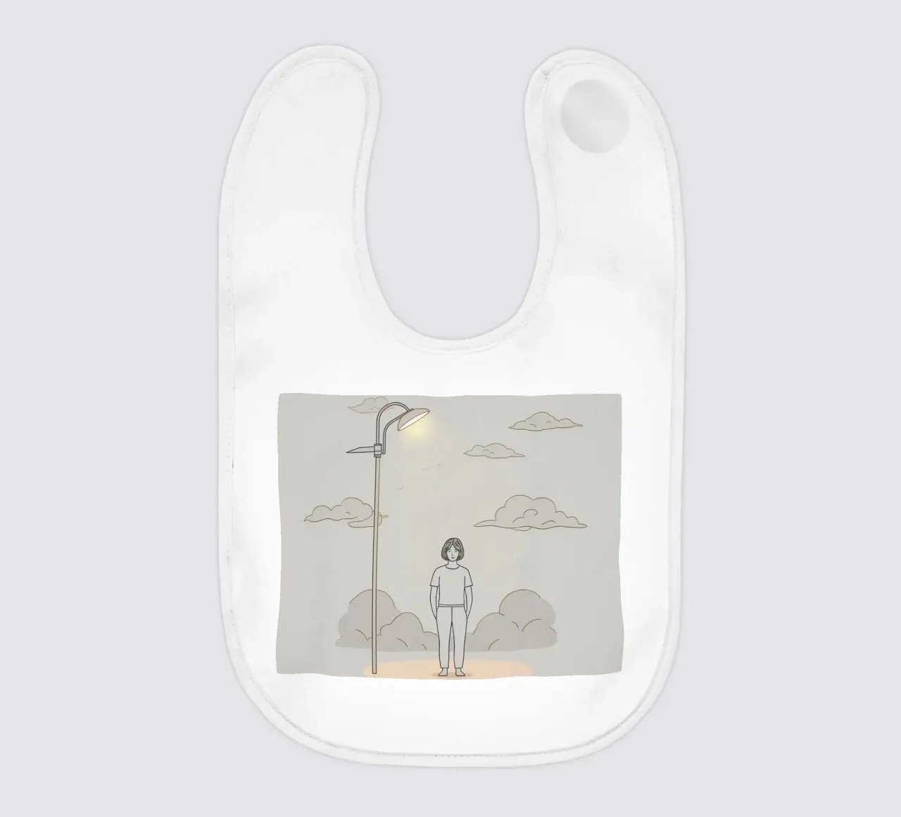 Young woman standing beneath a street lamp on a cloudy day baby bib by DesignDoodle