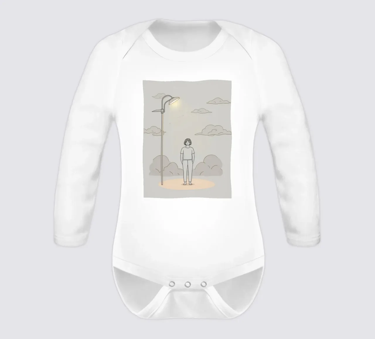 Young woman standing beneath a street lamp on a cloudy day long-sleeve baby romper by DesignDoodle