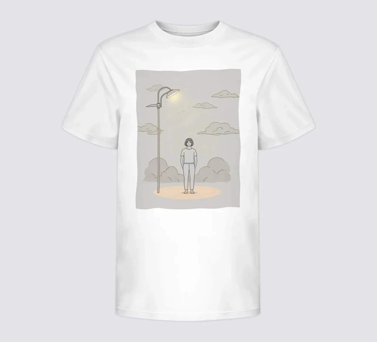 Giovane donna in piedi sotto un lampione in una giornata nuvolosa t-shirt bambini da DesignDoodle