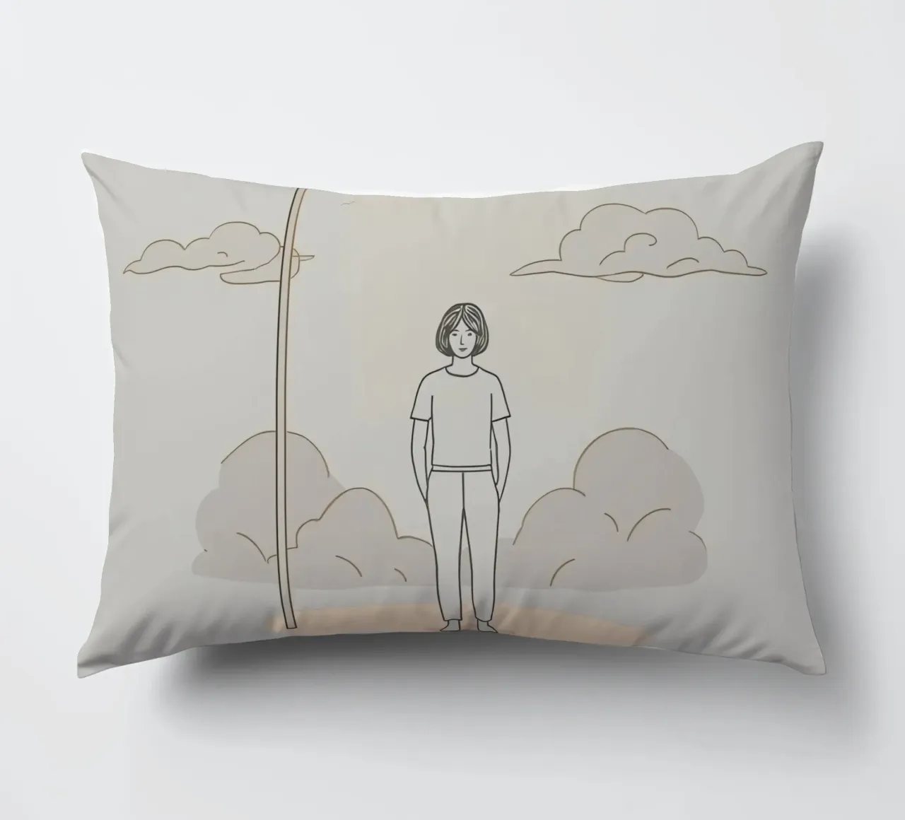 Young woman standing beneath a street lamp on a cloudy day decorative cushion by DesignDoodle