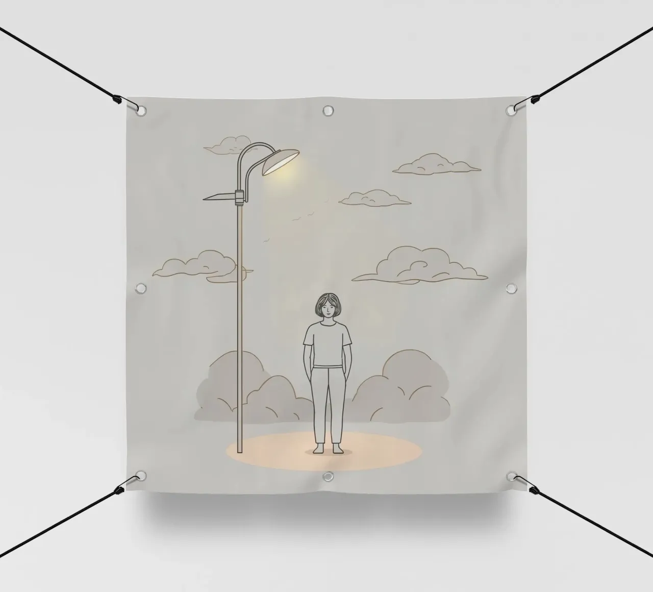 Giovane donna in piedi sotto un lampione in una giornata nuvolosa telo in pvc da DesignDoodle