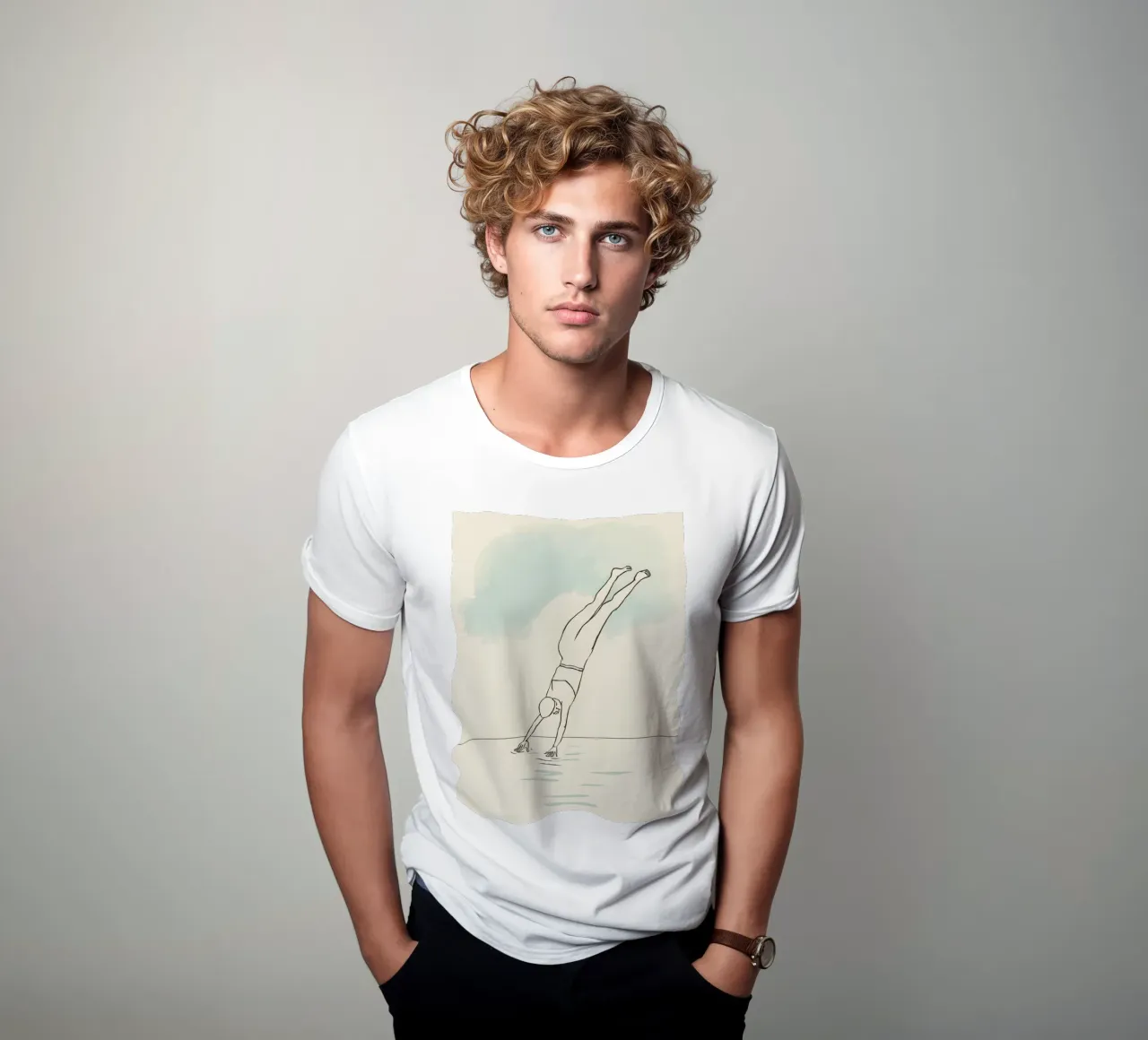 Disegno lineare che mostra un subacqueo che entra in acqua in modo pulito t-shirt da DesignDoodle