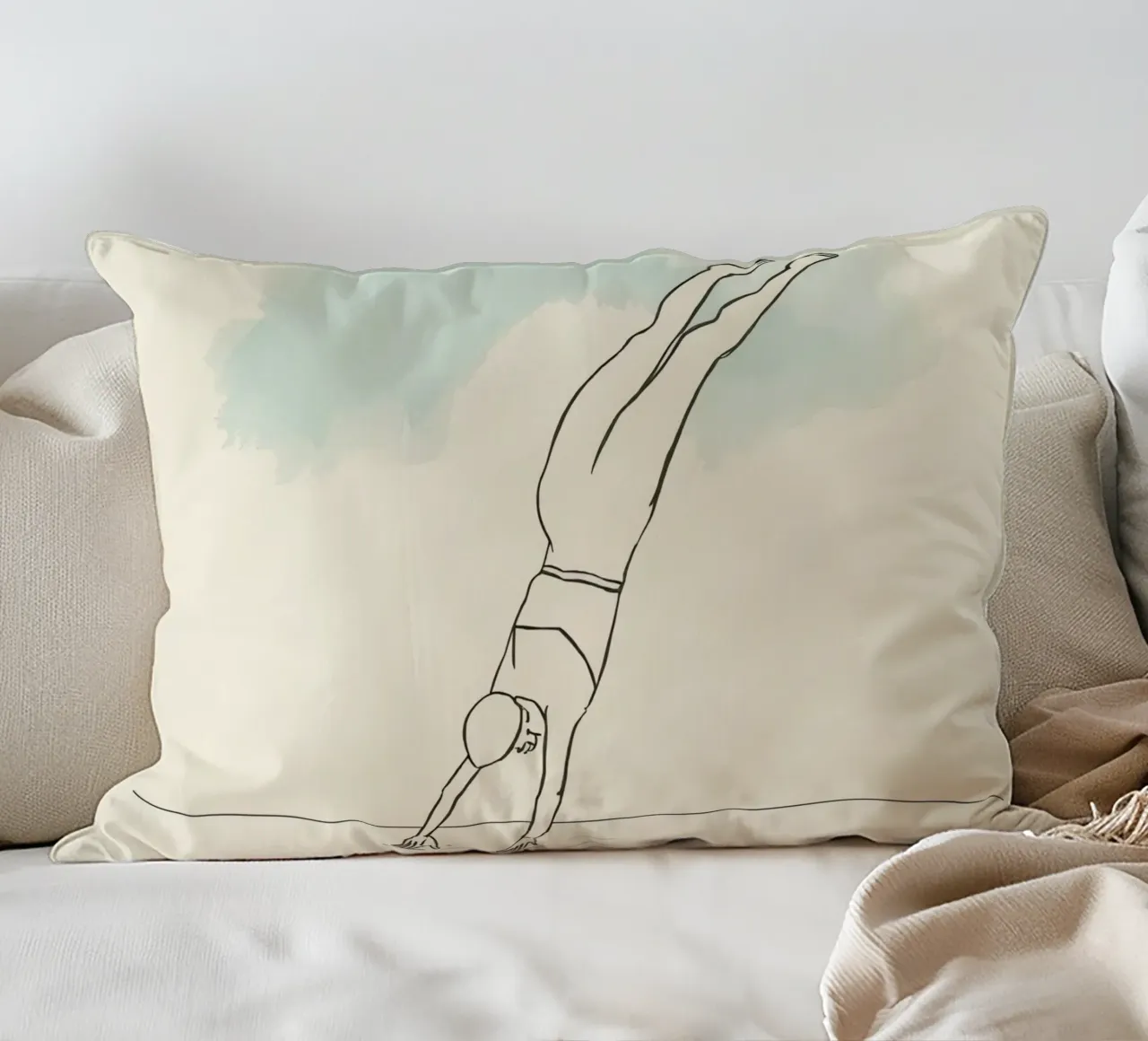 Disegno lineare che mostra un subacqueo che entra in acqua in modo pulito cuscino da DesignDoodle