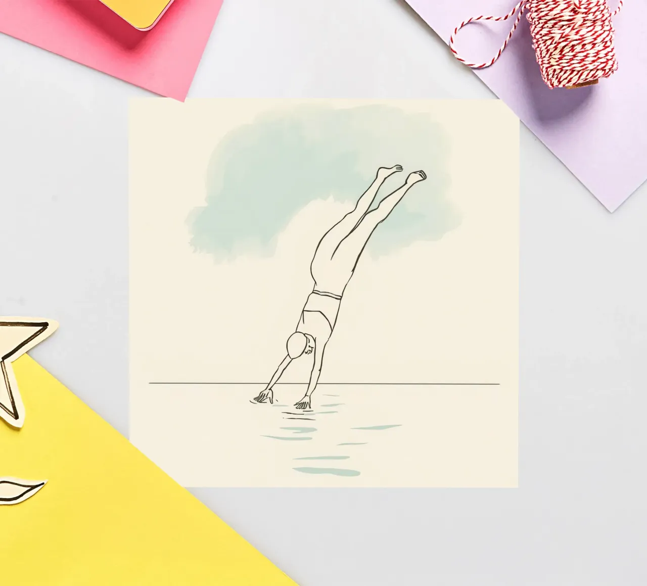 Disegno lineare che mostra un subacqueo che entra in acqua in modo pulito adesivo da DesignDoodle