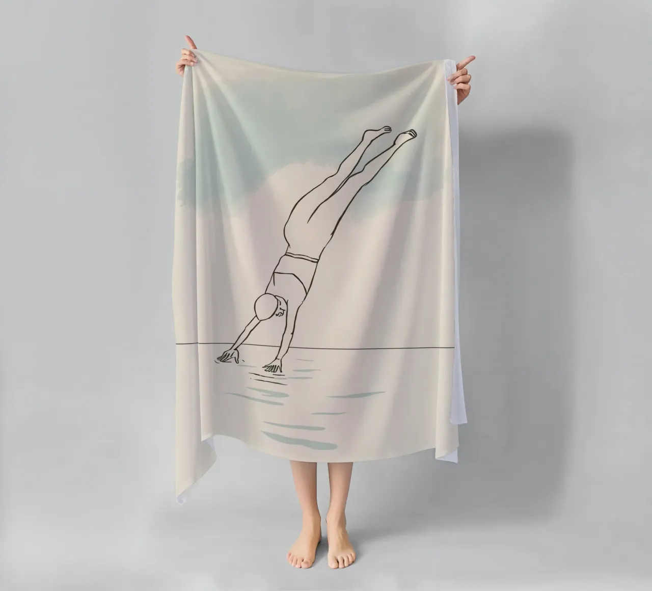 Disegno lineare che mostra un subacqueo che entra in acqua in modo pulito telo mare da DesignDoodle