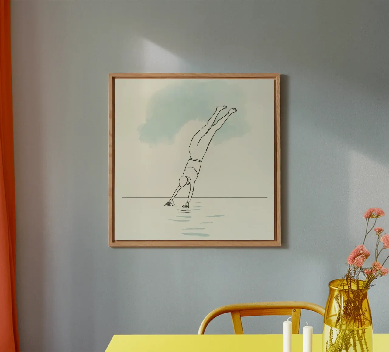 Disegno lineare che mostra un subacqueo che entra in acqua in modo pulito alluminio dibond da DesignDoodle