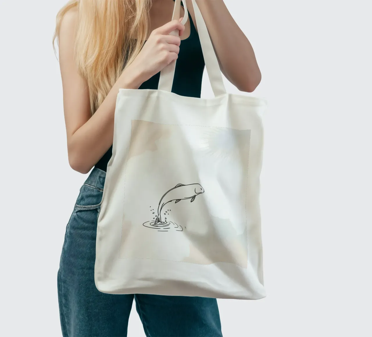 Sketch of a fish leaping from water, with rings and splashes tote bag by DesignDoodle