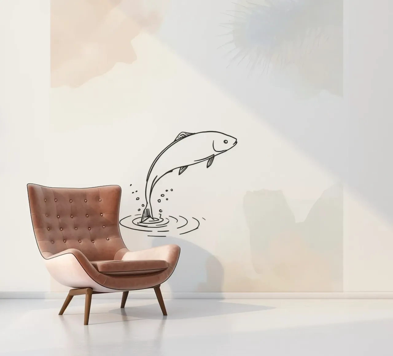 Sketch of a fish leaping from water, with rings and splashes photo wallpaper by DesignDoodle