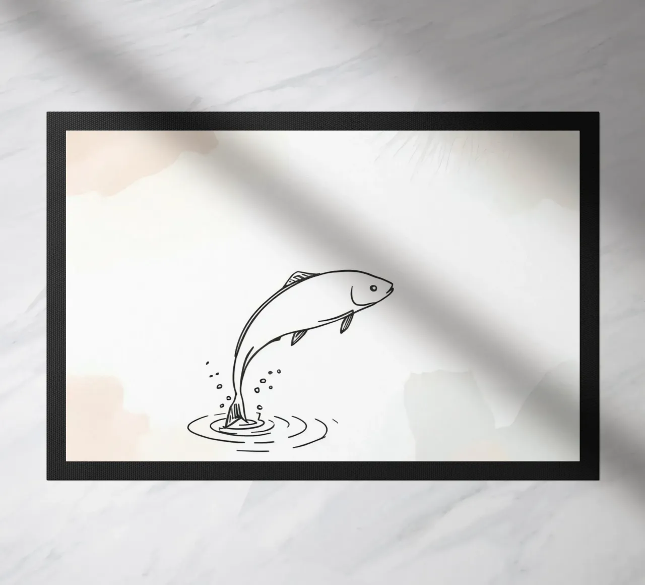 Sketch of a fish leaping from water, with rings and splashes doormat by DesignDoodle