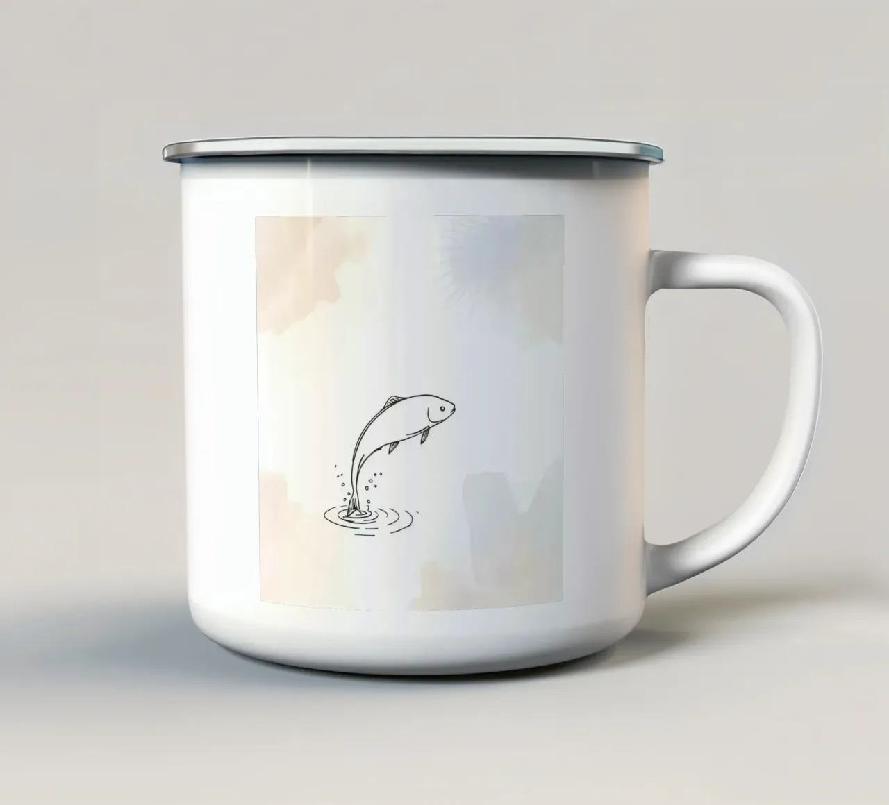 Sketch of a fish leaping from water, with rings and splashes enamel mug by DesignDoodle