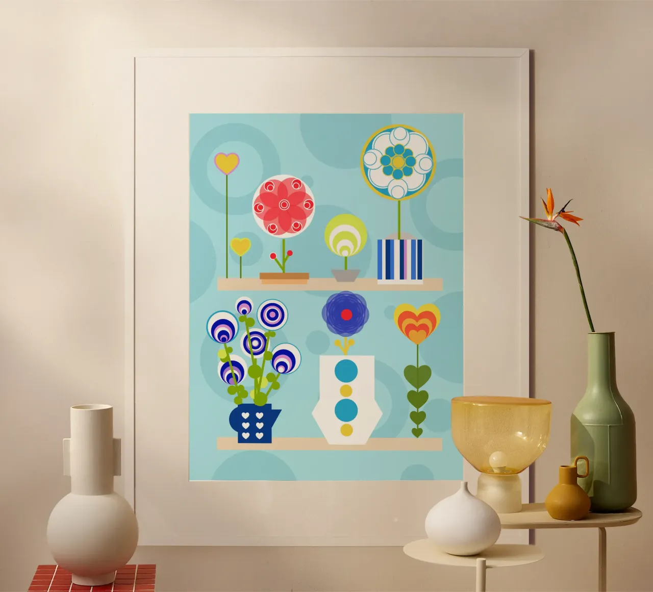 Flower Shop - Bunte Blumen in einem Regal vor Türkis poster with aluminum frame by Lilou Art