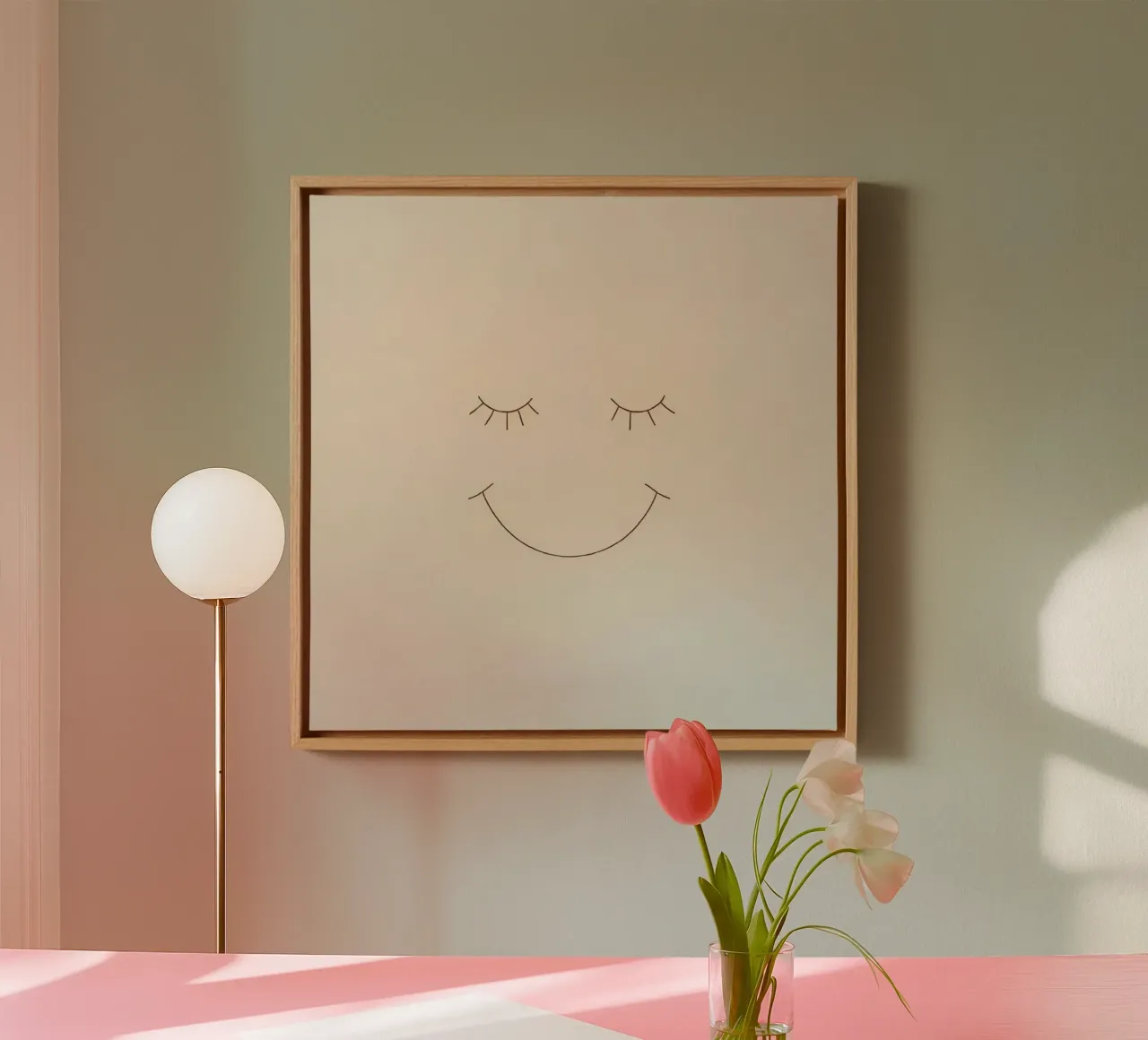 Simple drawing of a face with closed eyes and a smile canvas by DesignDoodle