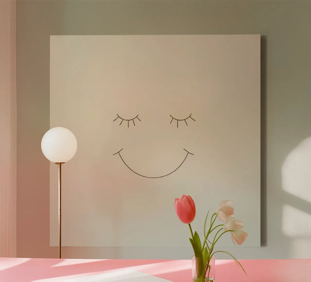 Simple drawing of a face with closed eyes and a smile canvas by DesignDoodle