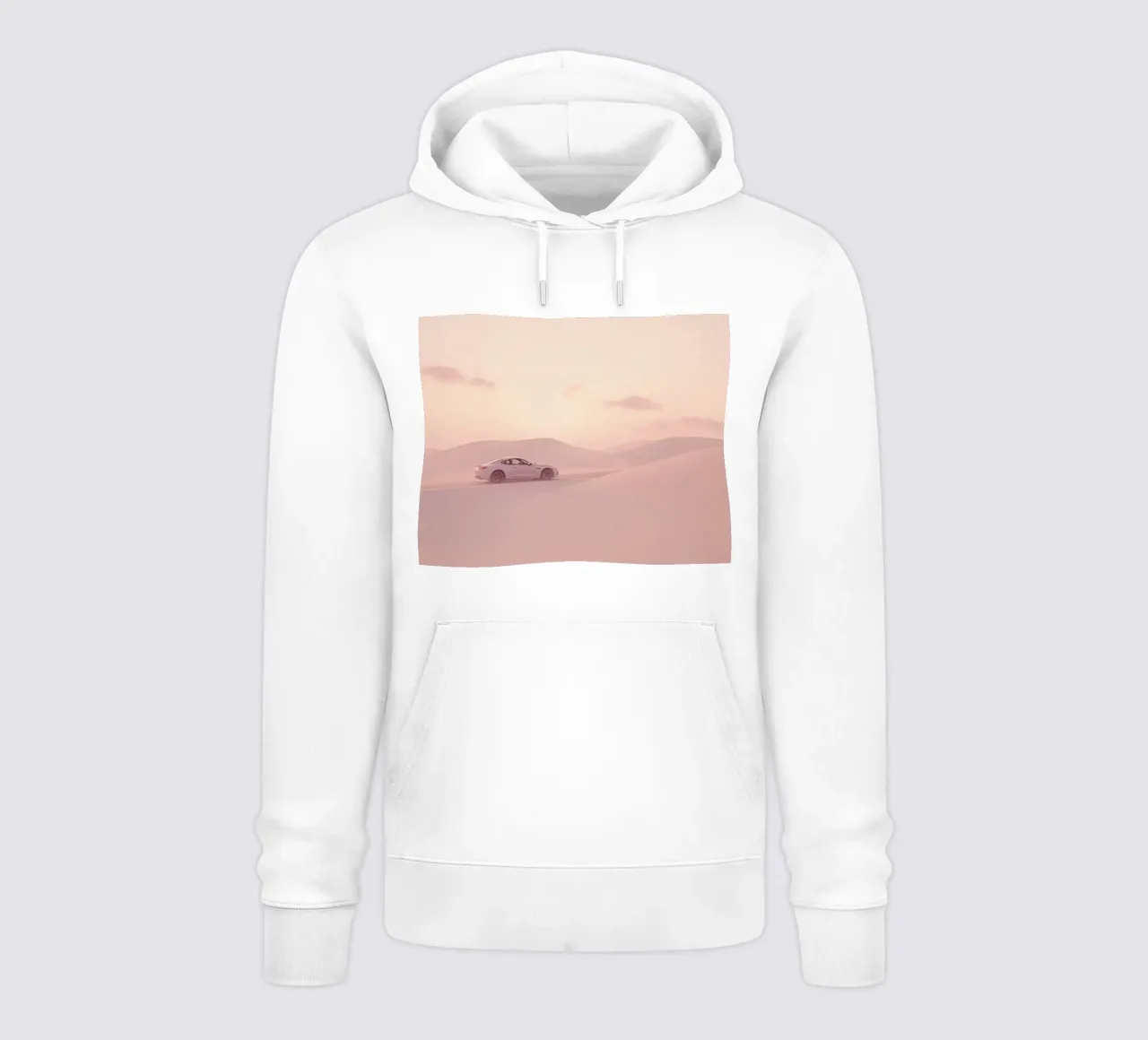 Un deportivo blanco recorre las dunas al atardecer sudadera con capucha de DesignDoodle