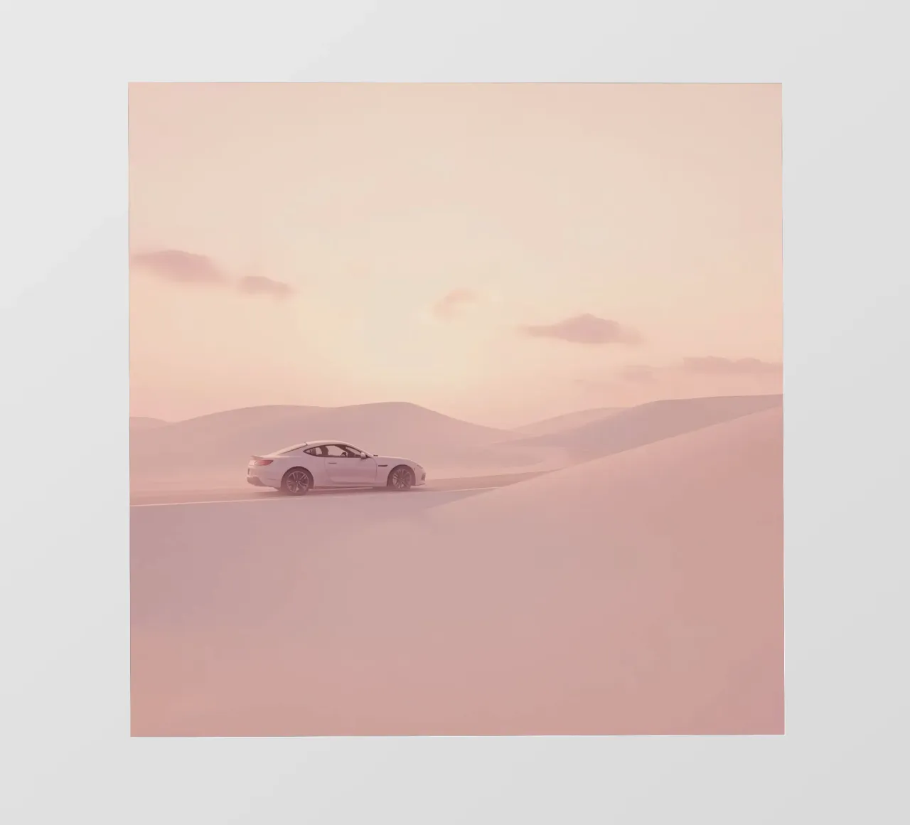 Un deportivo blanco recorre las dunas al atardecer lámina retroiluminada de DesignDoodle