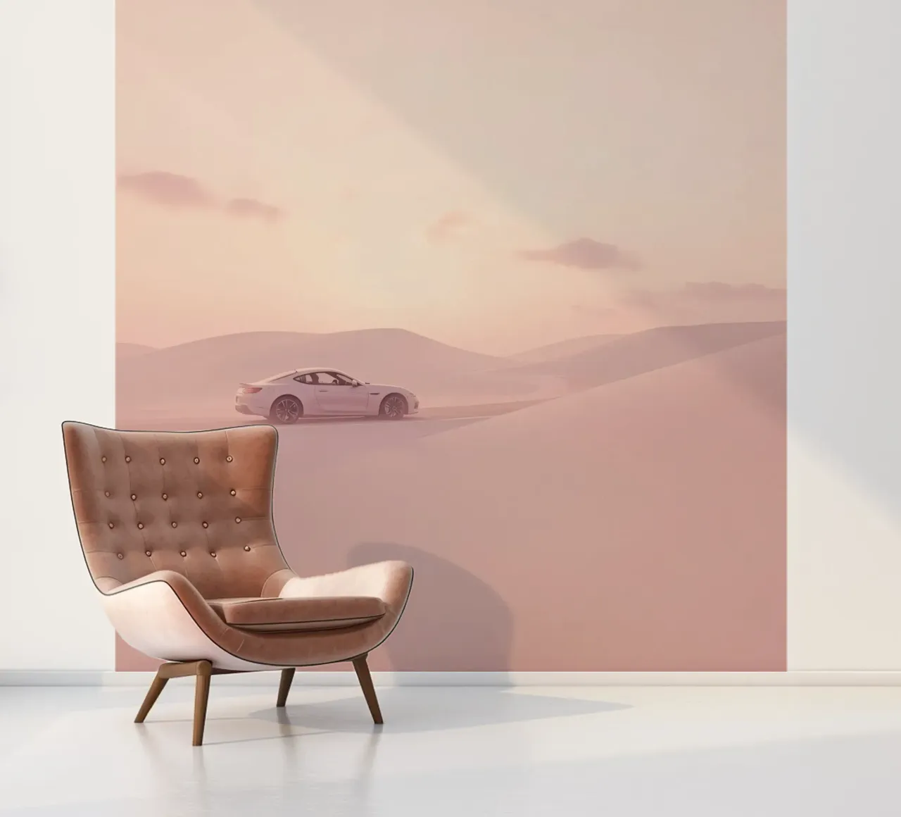 Un deportivo blanco recorre las dunas al atardecer papel para pared de DesignDoodle
