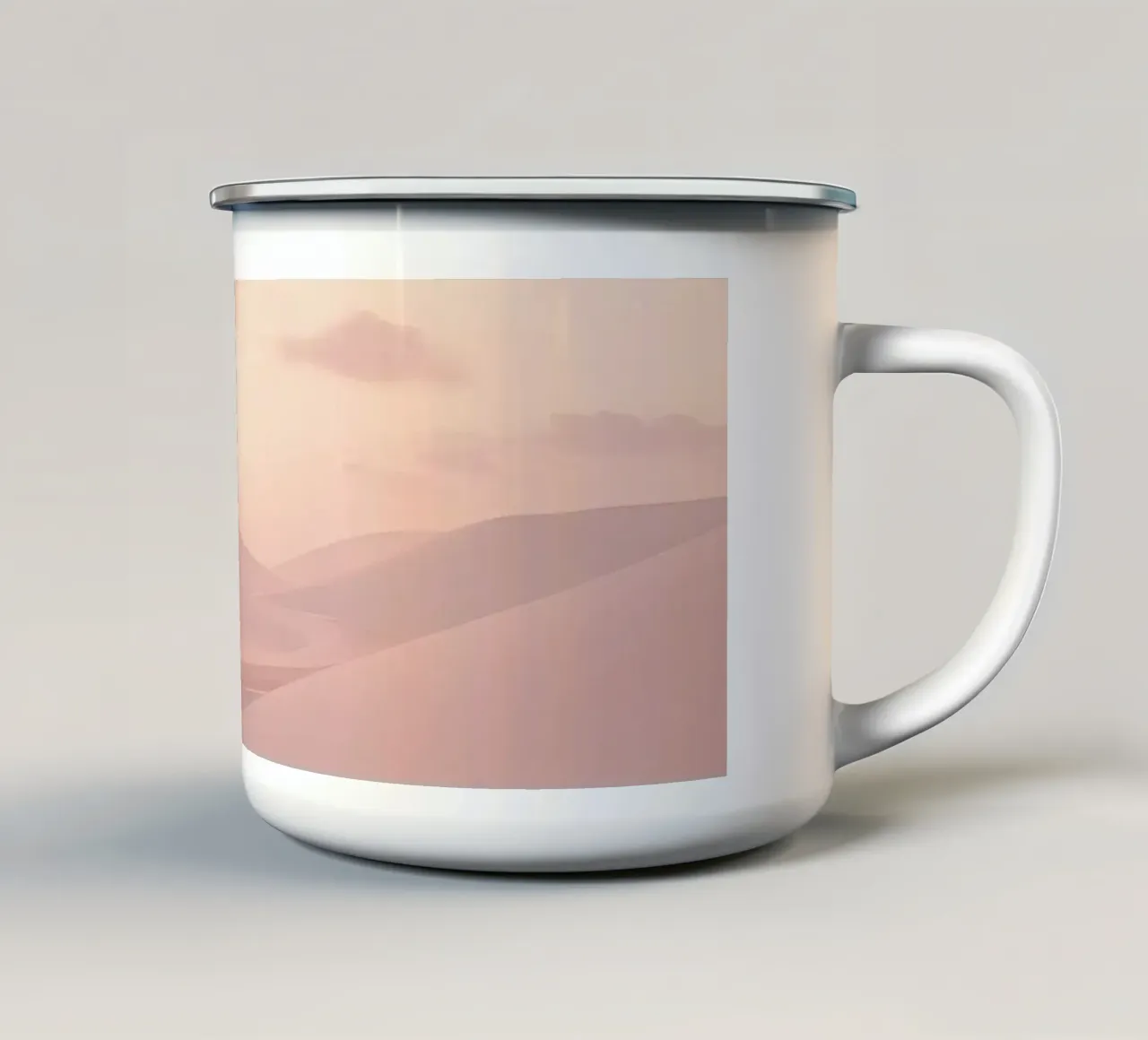 Un'auto sportiva bianca attraversa le dune di sabbia al tramonto tazza in smalto da DesignDoodle