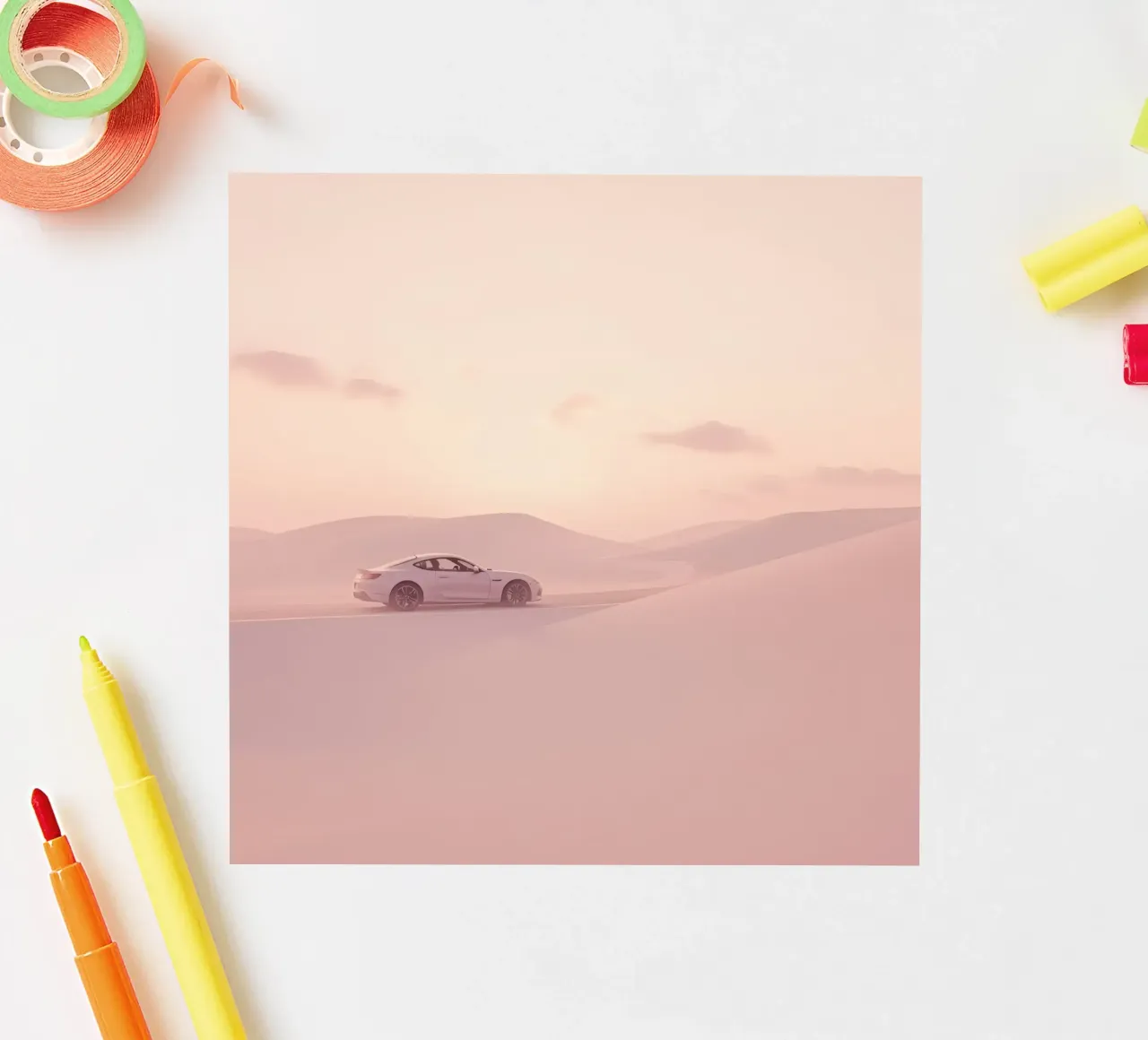 Un deportivo blanco recorre las dunas al atardecer pegatina de DesignDoodle