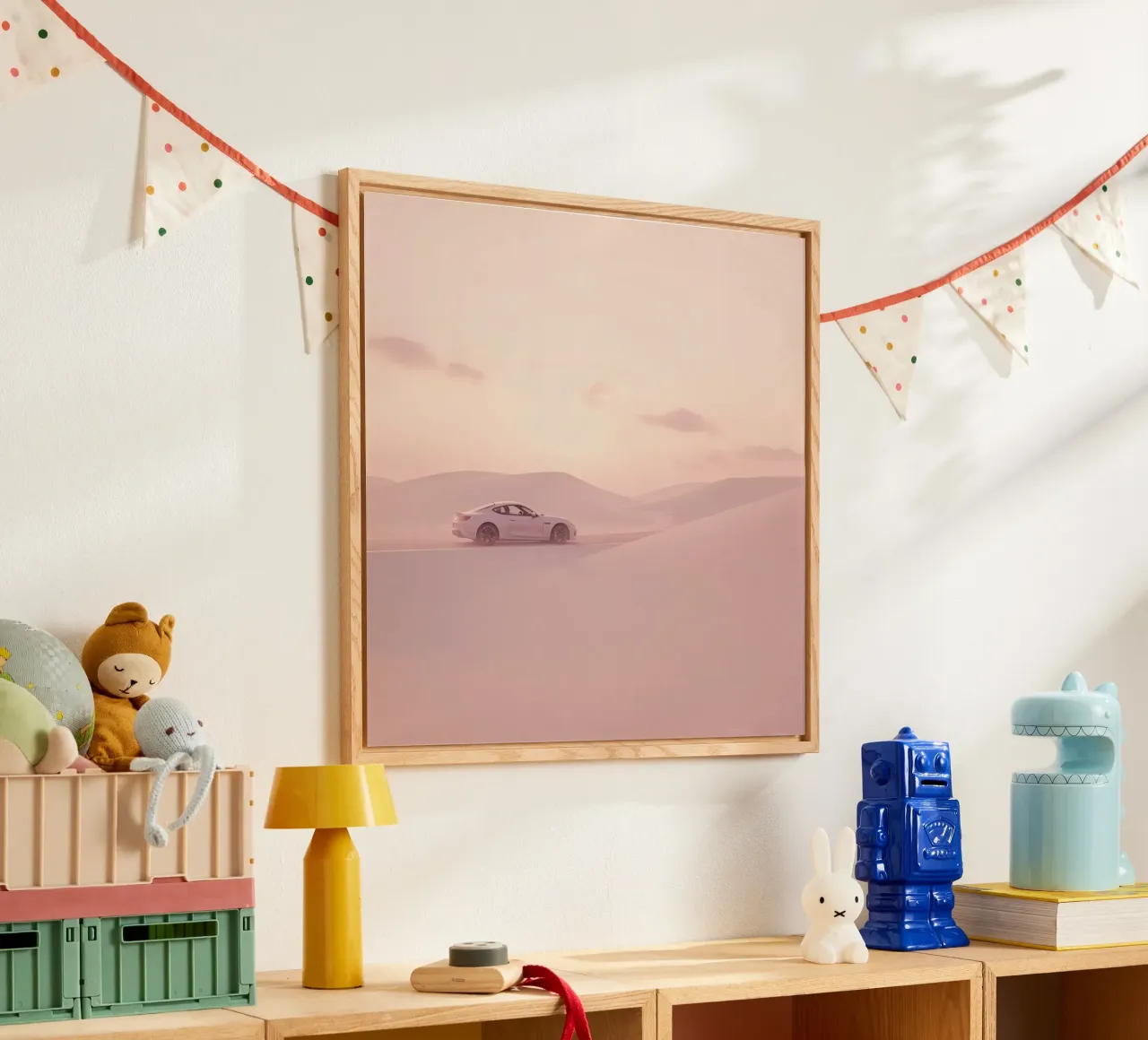 Un deportivo blanco recorre las dunas al atardecer metacrilato de DesignDoodle