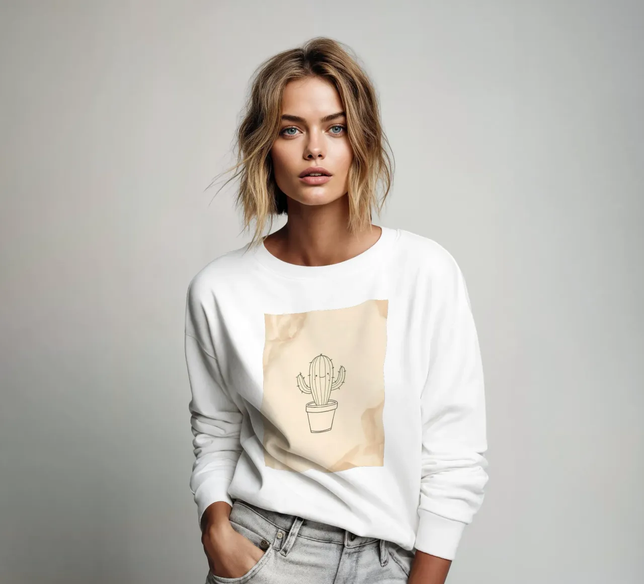 Illustration du contour d'un cactus heureux dans un pot avec des fleurs beiges sweat de DesignDoodle