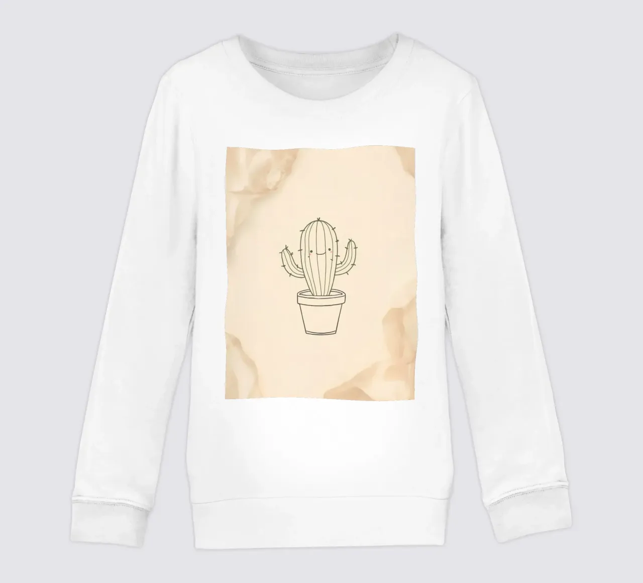 Illustration du contour d'un cactus heureux dans un pot avec des fleurs beiges sweat enfant de DesignDoodle