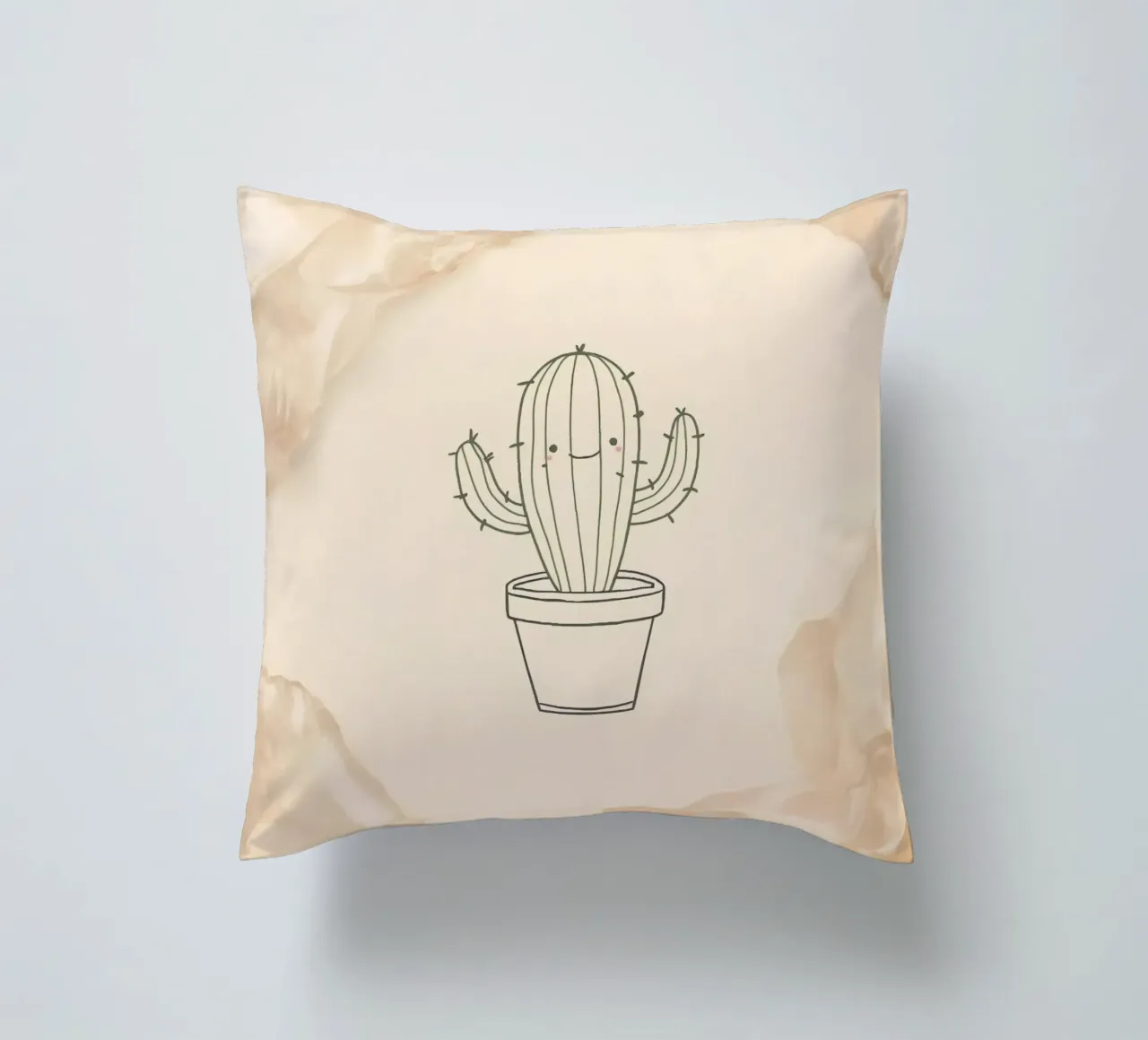 Cactus felice in un'illustrazione di contorno vaso con beige floreale cuscino da DesignDoodle