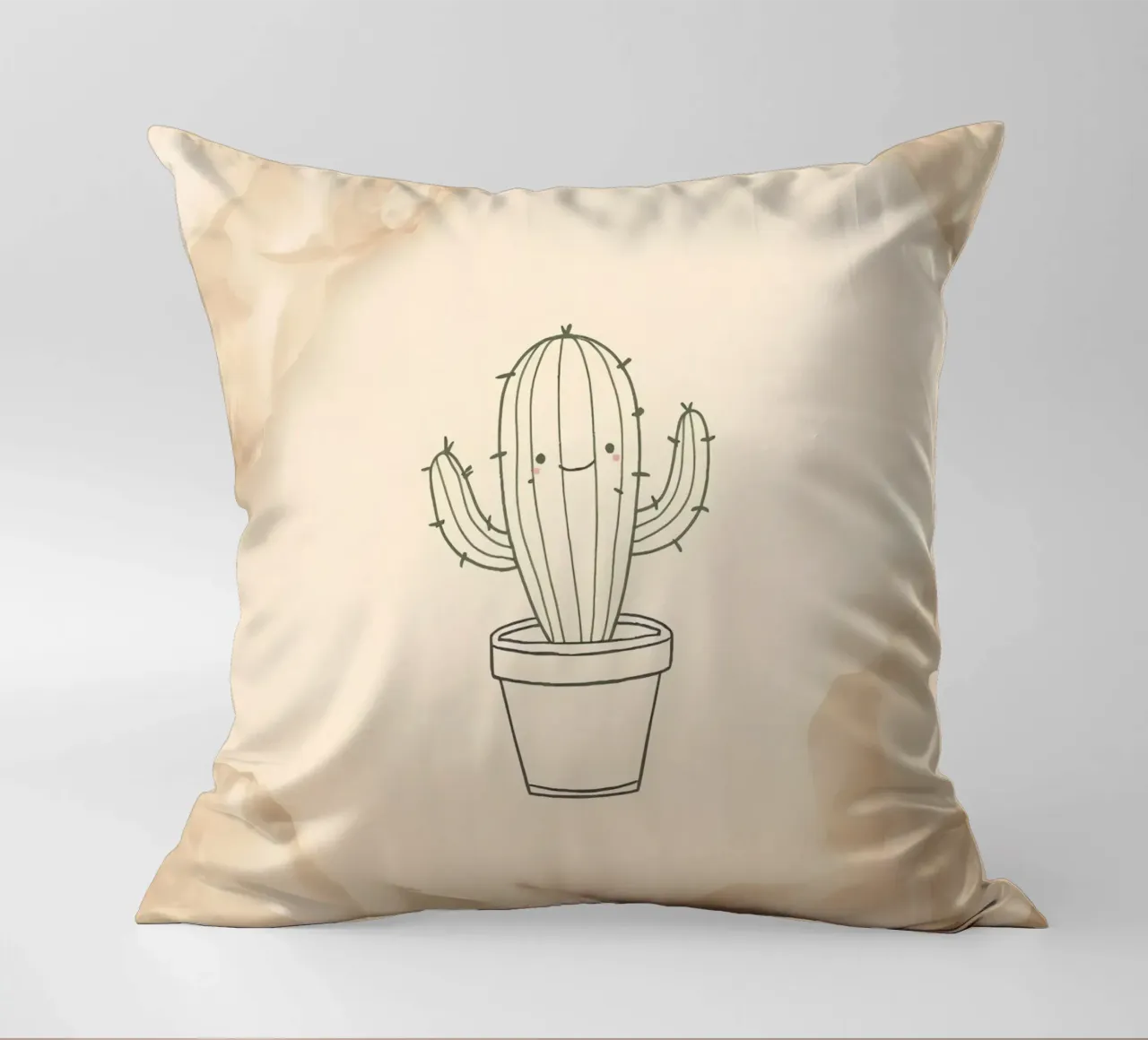Cactus felice in un'illustrazione di contorno vaso con beige floreale cuscino da DesignDoodle