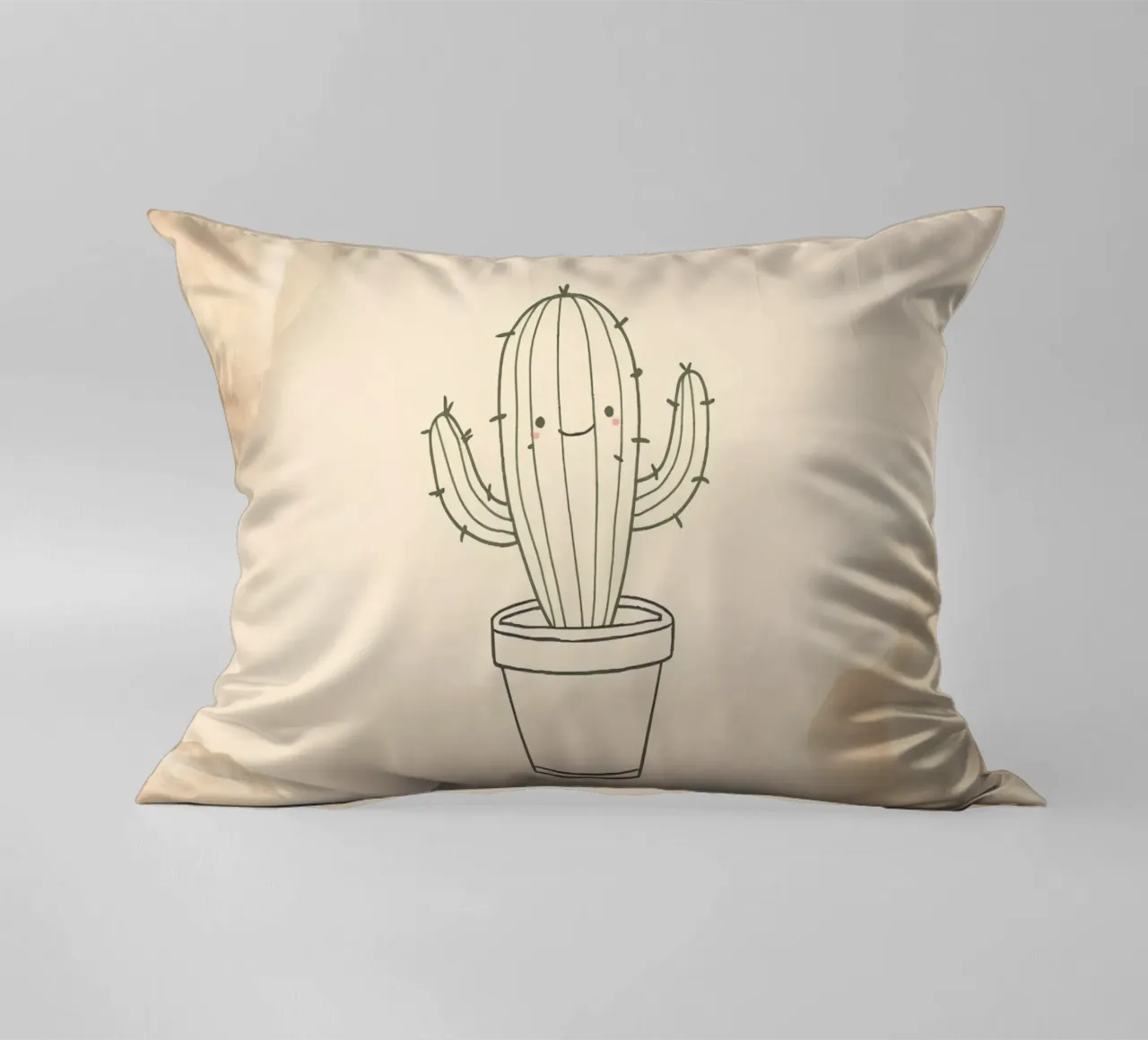 Cactus felice in un'illustrazione di contorno vaso con beige floreale cuscino da DesignDoodle