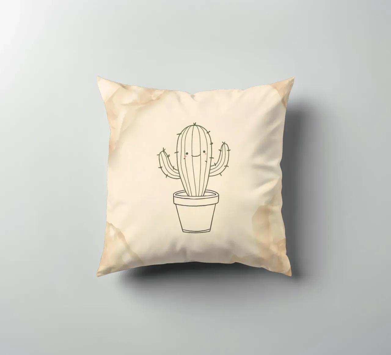 Cactus felice in un'illustrazione di contorno vaso con beige floreale cuscino da DesignDoodle