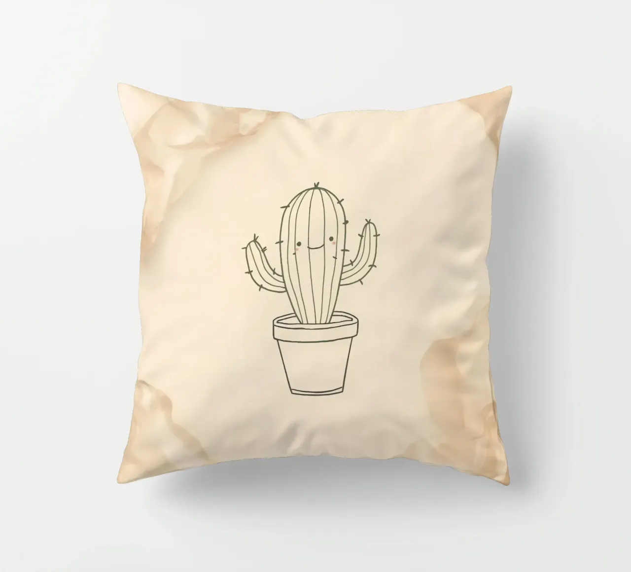 Cactus felice in un'illustrazione di contorno vaso con beige floreale cuscino da DesignDoodle