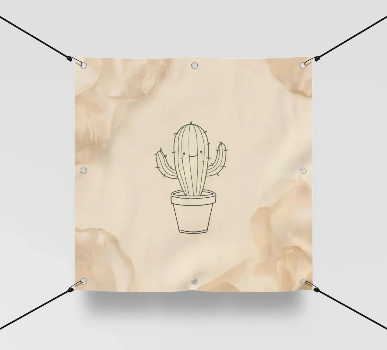Illustration du contour d'un cactus heureux dans un pot avec des fleurs beiges bâche pvc de DesignDoodle